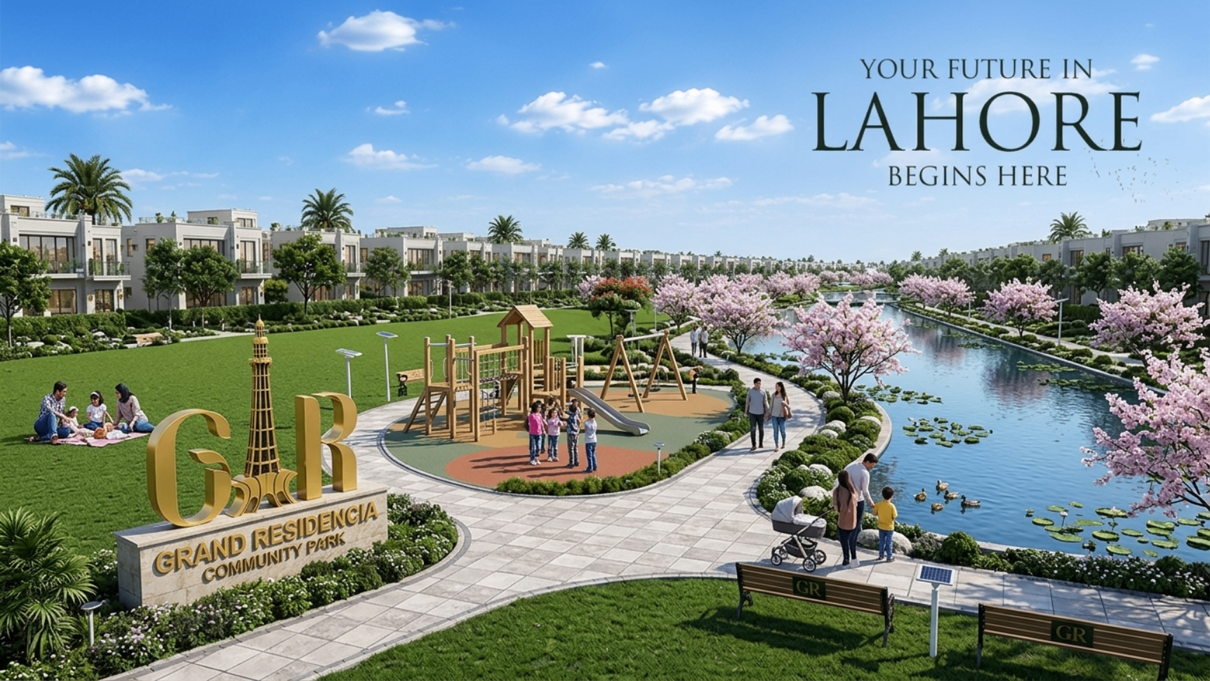 Grand Residencia community park in Lahore with playground, walking tracks and waterfront — family-friendly plots for sale