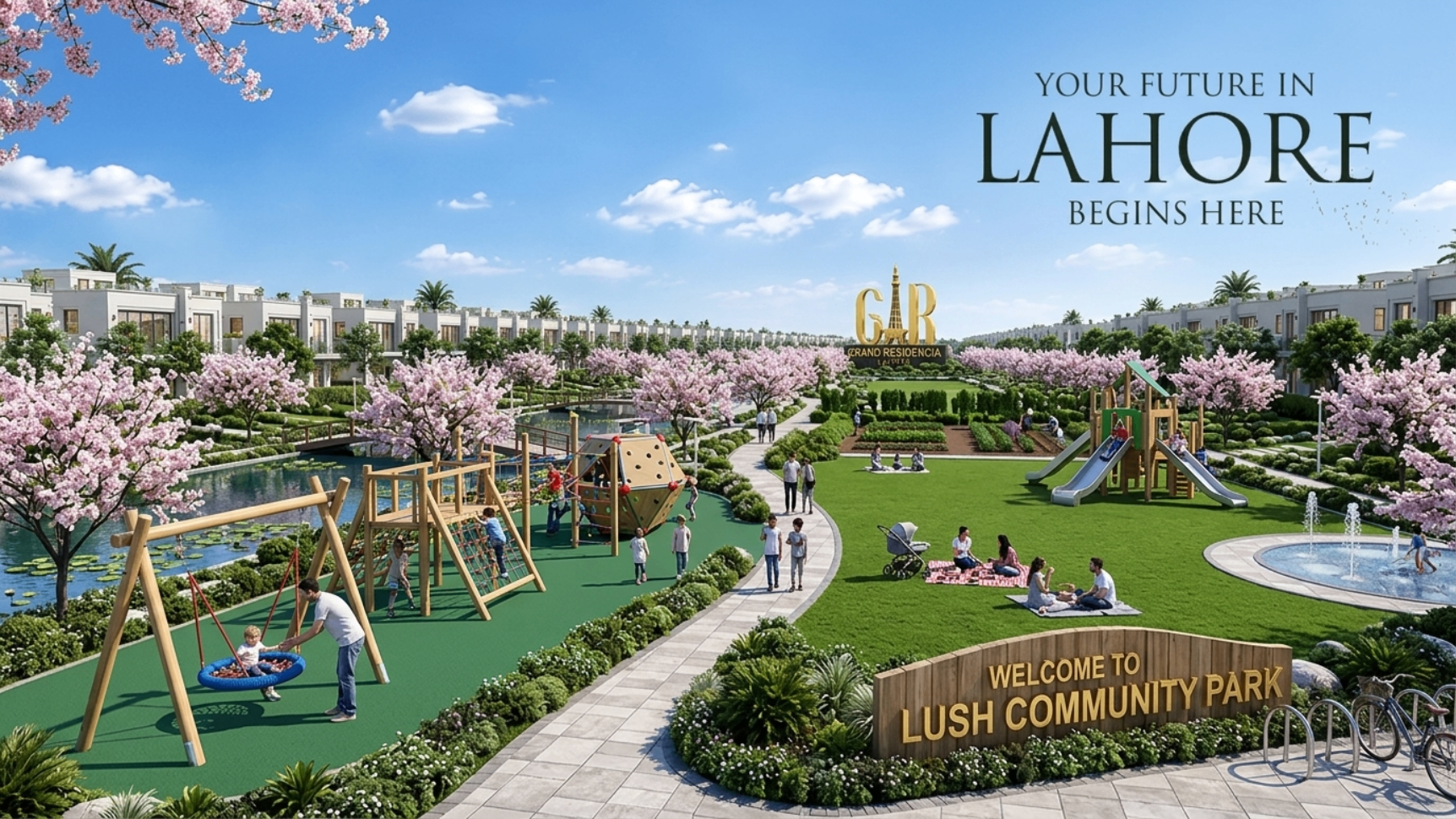 Lush green community park at Grand Residencia Lahore housing society with splash fountains and kids' play area near residential plots